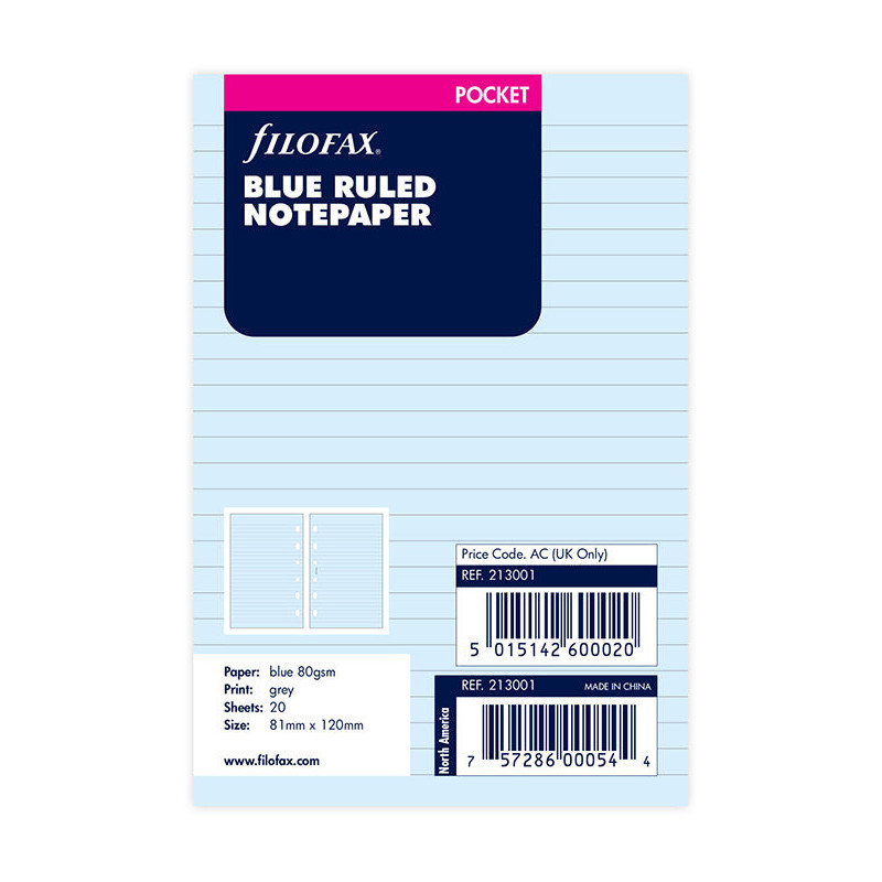 REFILL POCKET BLUE RULED NOTEPAPER 213001 FILOFAX FX