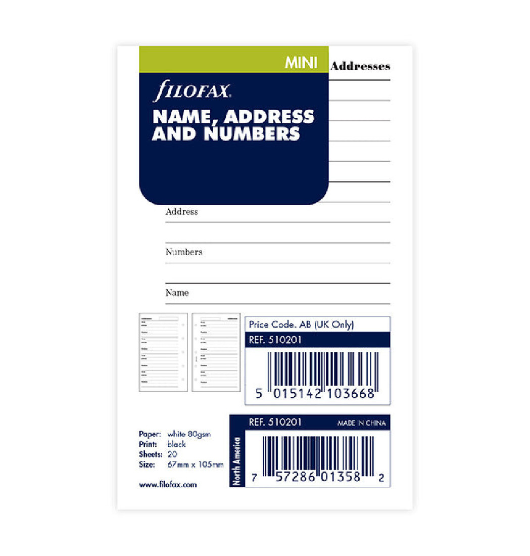Name, Address And Telephone Number Refill - Mini 510201 Filofax