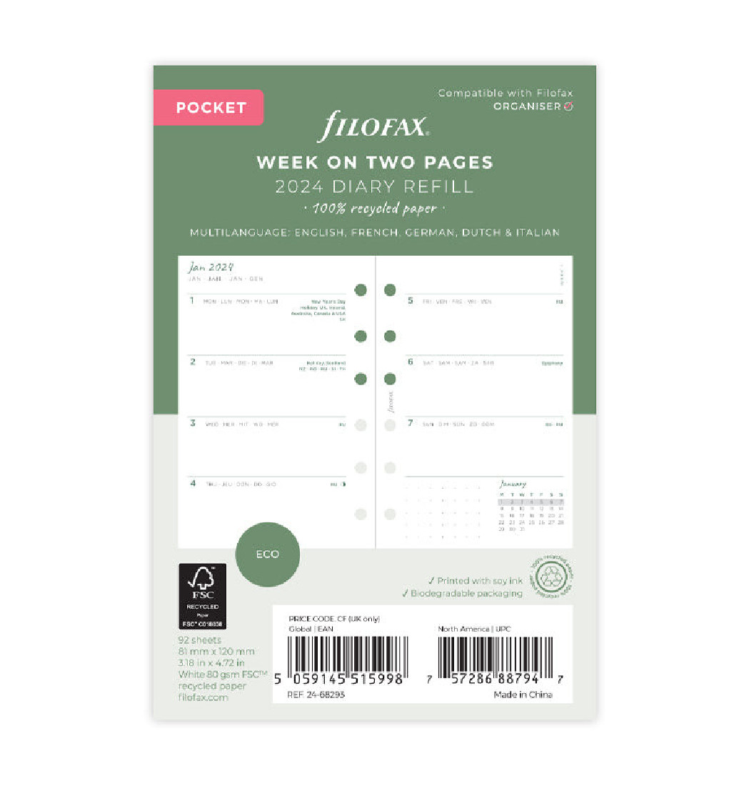 Refill Pocket Eco Week On Two Pages 2024 24-68293 Filofax