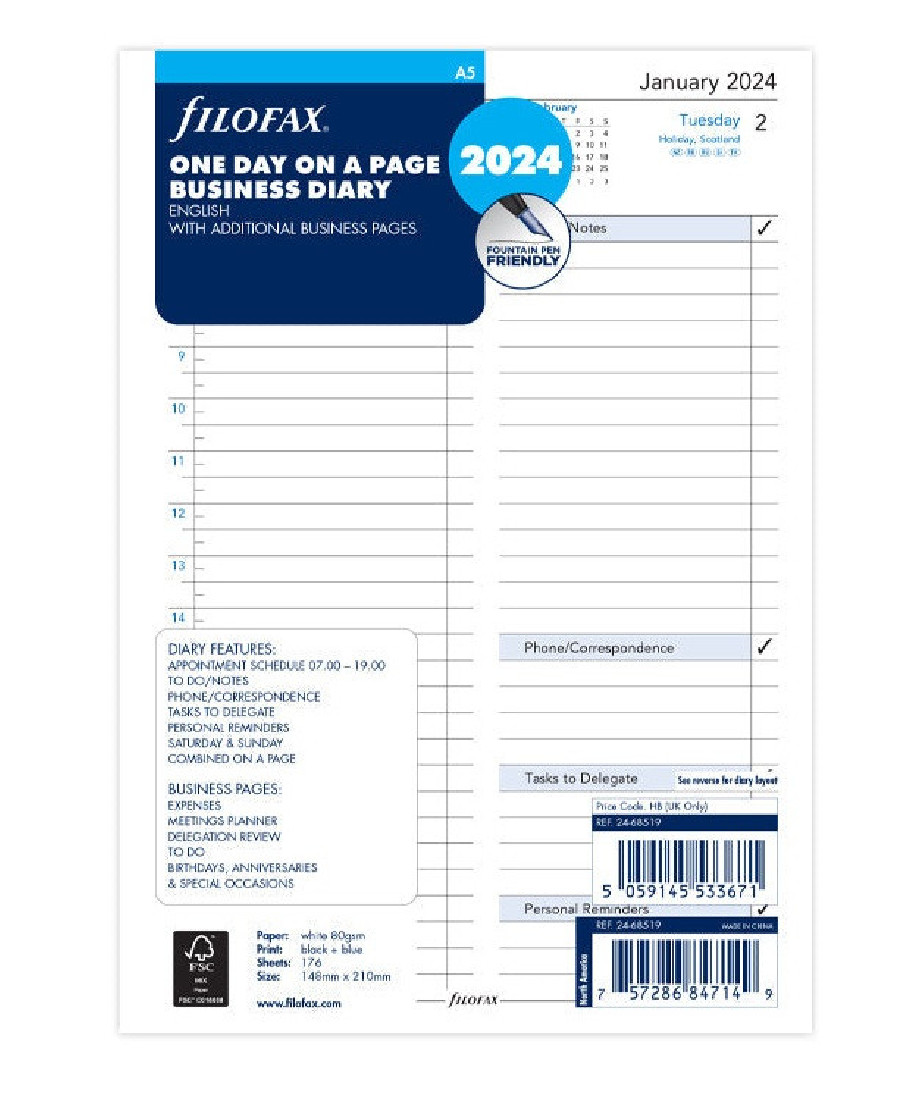 2024 Personal Daily Planner Inserts  Filofax Personal Day Per Page Refill
