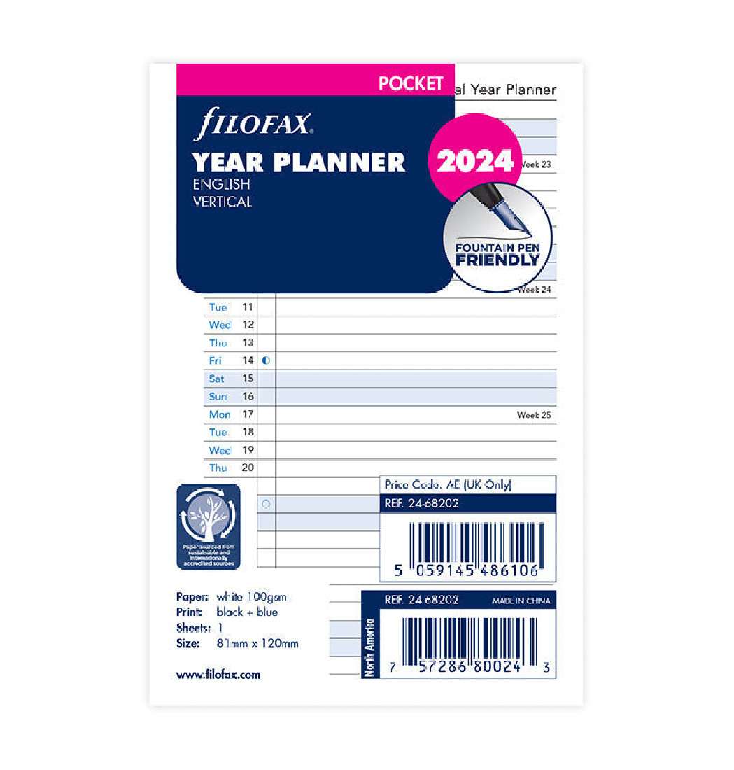 Refill Pocket Year Planner 2024 Vertical 24-68202 Filofax