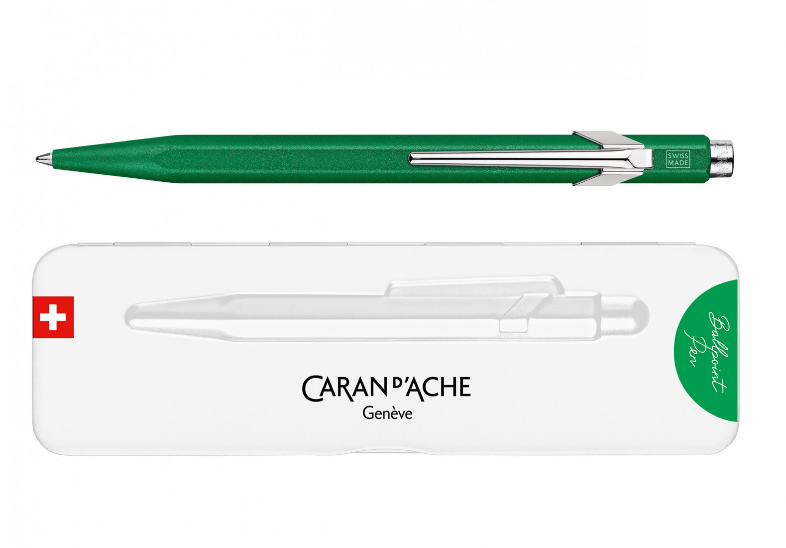Caran Dache 849 metallic green ballpoint pen, with slim metal box