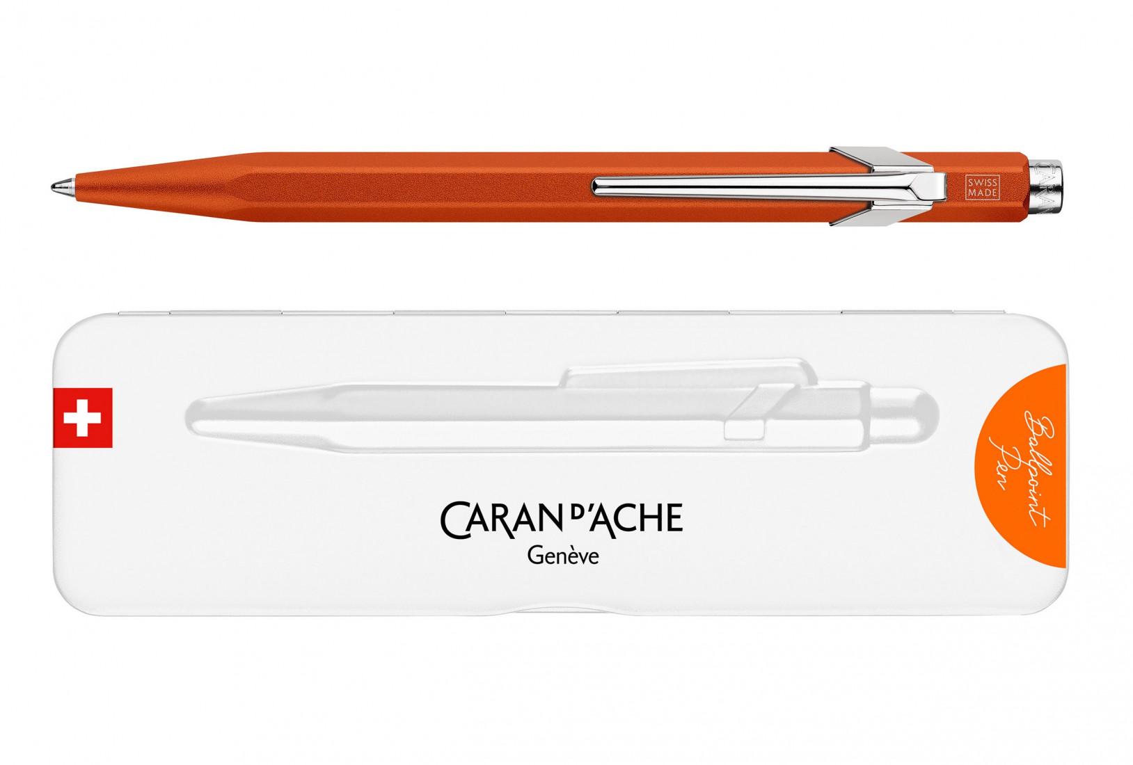 Caran Dache 849 metallic orange ballpoint pen, with slim metal box