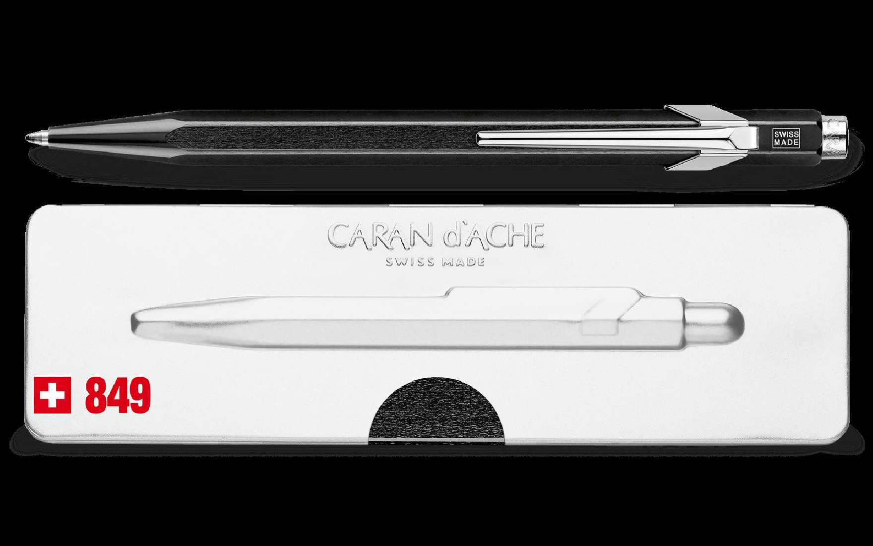 Caran Dache 849 Popline matt black ballpoint pen, with slim metal box 0849,509
