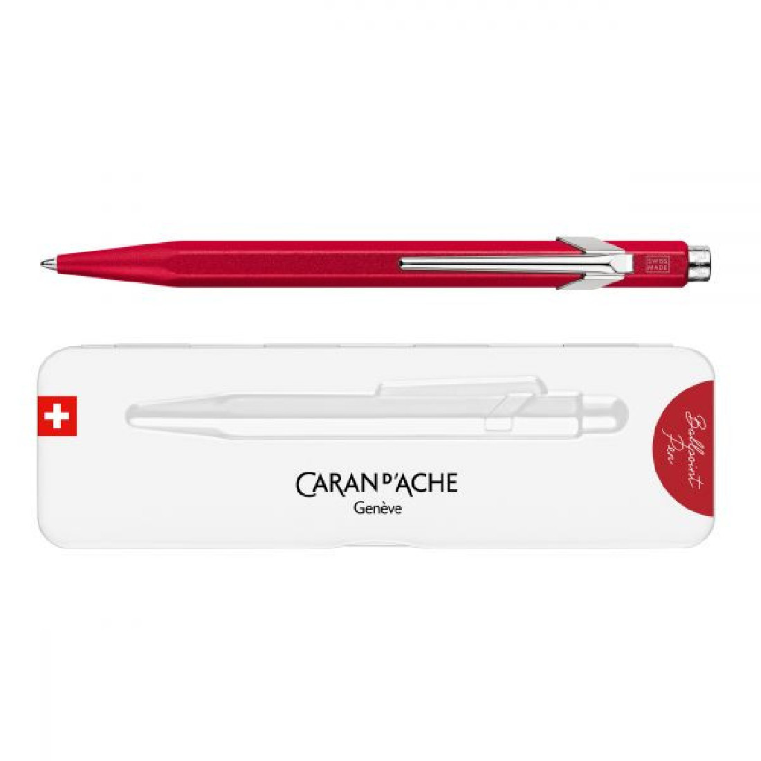 Caran Dache 849 metallic red ballpoint pen, with slim metal box