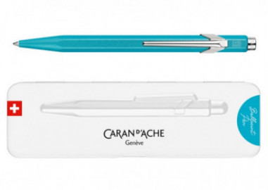 Caran Dache 849 metallic turquoise ballpoint pen, with slim metal box
