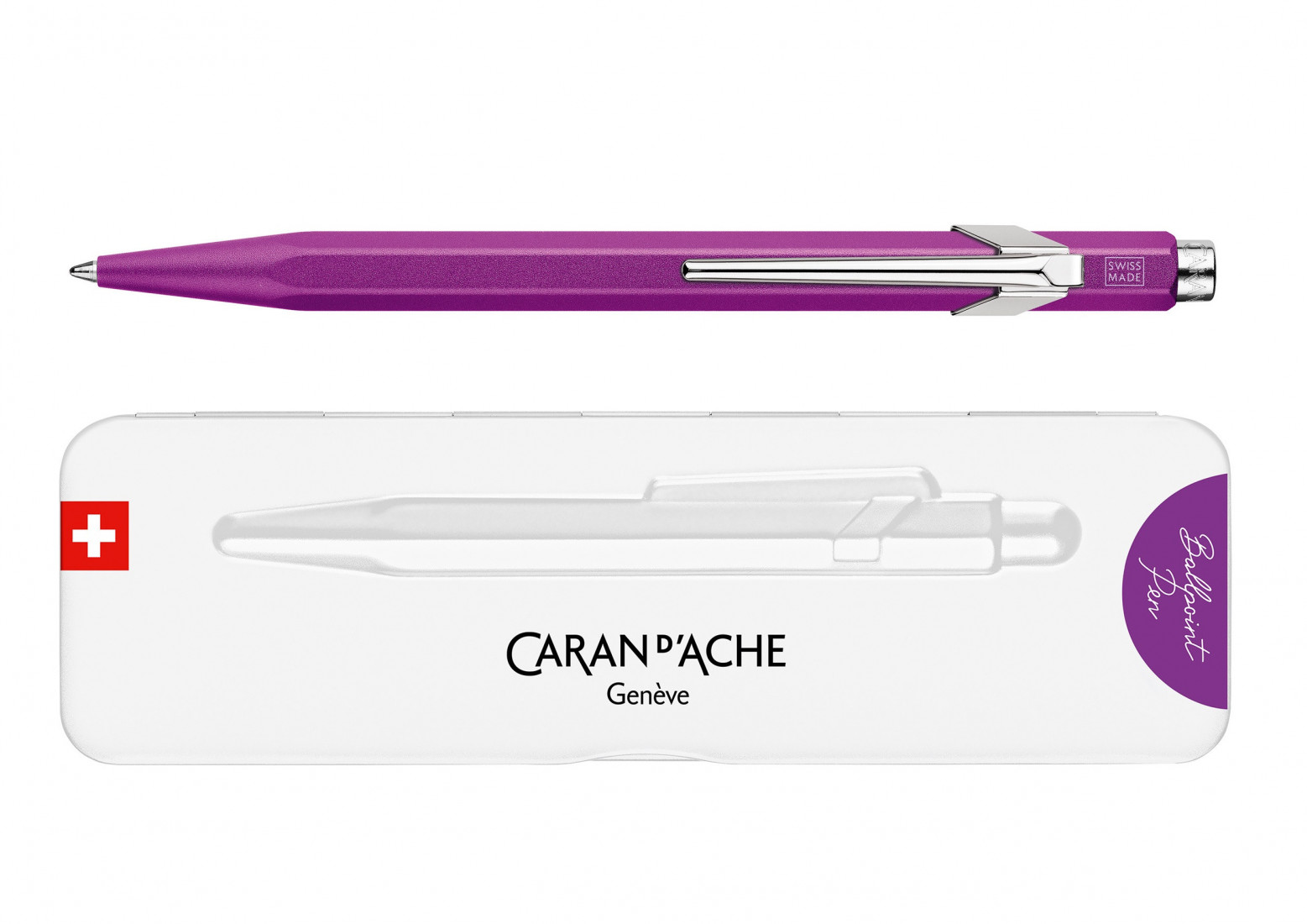 Caran Dache 849 metallic violet ballpoint pen, with slim metal box