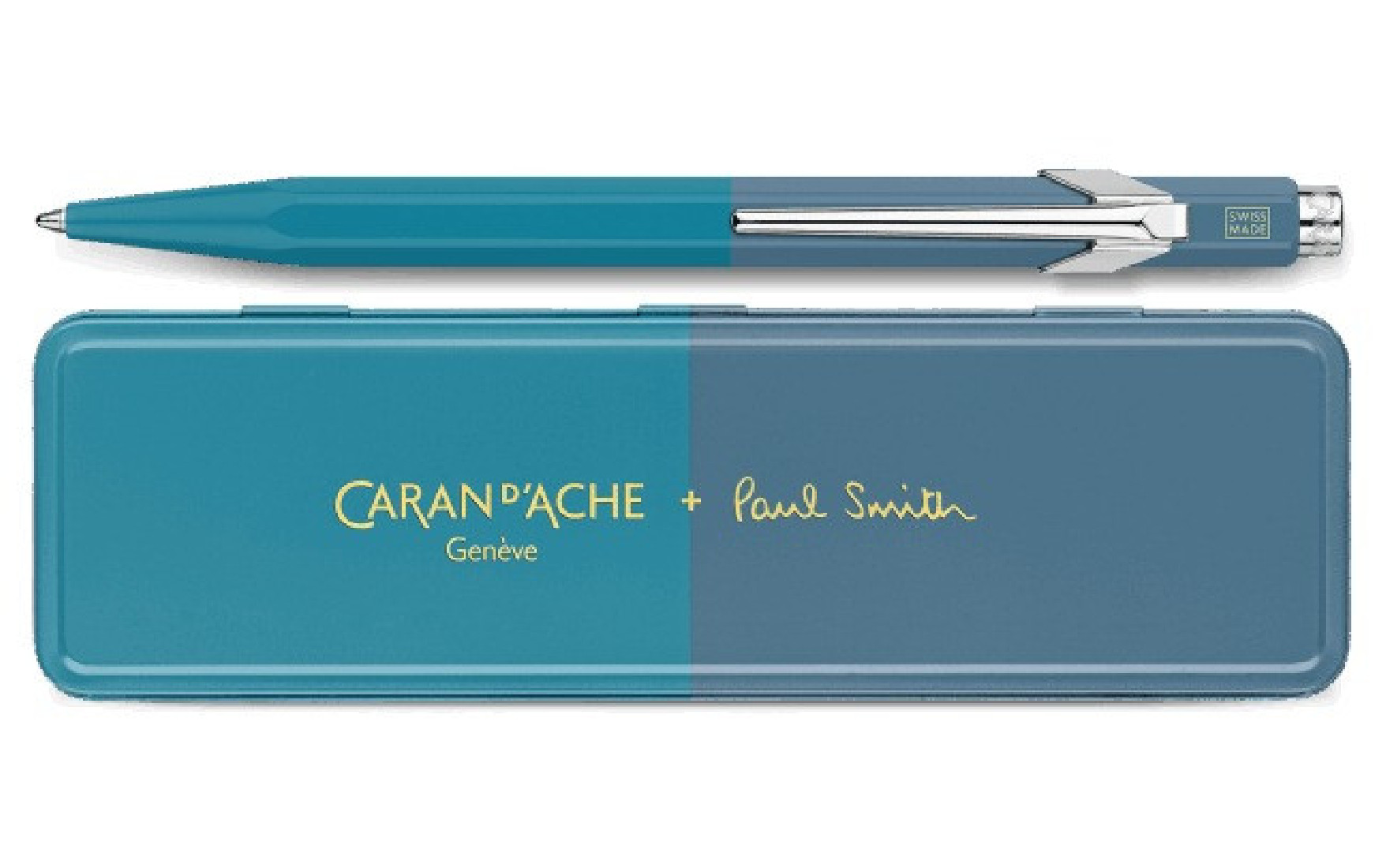 CARAN DACHE 849 Paul Smith Cyan Blue and Steel Blue ballpoint pen, with holder
