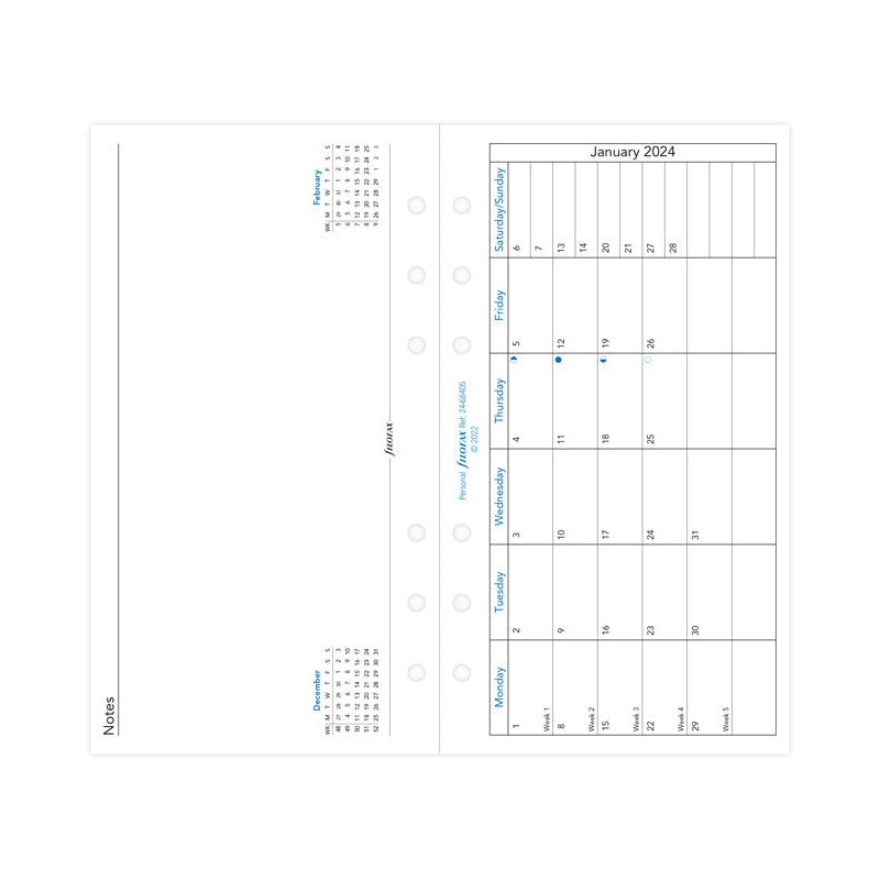2024 Filofax Personal COMPATIBLE Week on one page diary refill insert  English