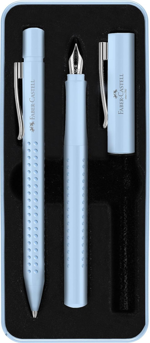 Faber Castell 201524 Grip Edition Set, Sky Blue, with Fountain Pen Nib and Ballpoint Pen,  in Metal Case
