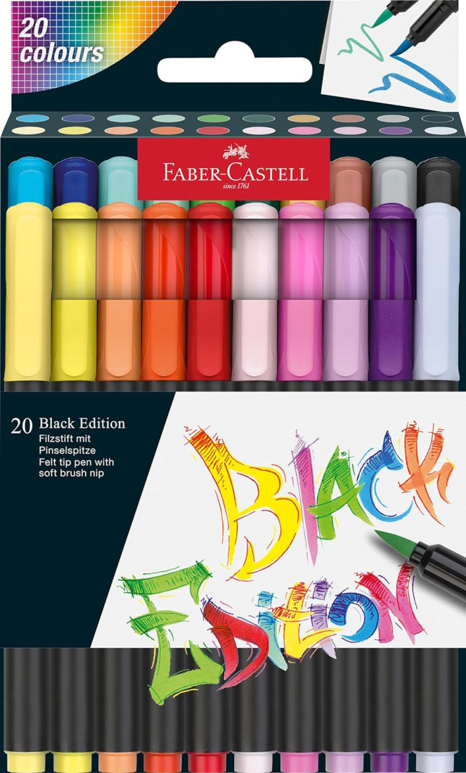 Faber Castell Brush Pen Set - Black Edition, Cardboard Box of 20, 116452
