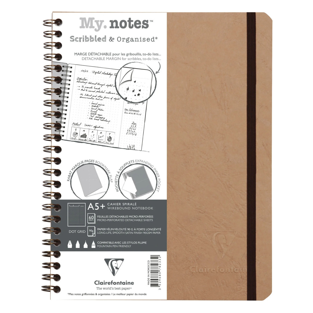 Clairefontaine Rhodia My.Notes Age Bag full-bound notebook with detachable margins A5+, 16x21cm, 120 detachable pages DOT + header frame - Tobacco 78233