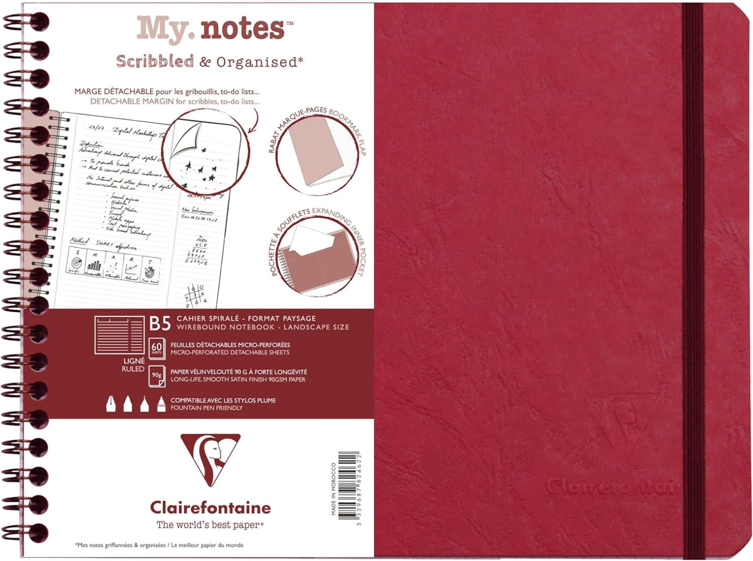 Clairefontaine Rhodia 78246C Age Bag A Spiral Notebook with Detachable Margins My.Notes Red - B5 landscape 25x19 cm - 120 Ruled Detachable Pages - 90 g white paper - Glossy Leather Grain Card Cover