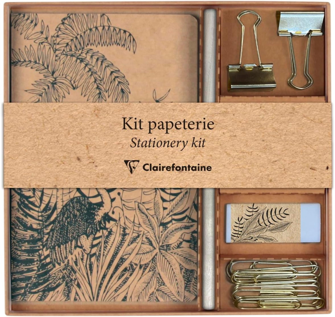 Clairefontaine Rhodia 116046C - A Stationery Kit containing an 11x17 cm Notebook with 64 Lined Pages, a Pencil, 2 Double Clips, 10 Paper Clips and an Eraser - Le Cerisier Blanc Collection