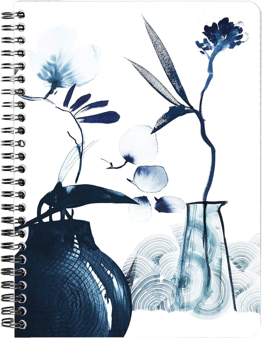 Clairefontaine Rhodia 115928C - A Floral Pattern Spiral Notebook Painted in Blue Ink - A5 14.8x21 cm 120 Lined Pages 90g White Paper - 6 Pockets - Inkebana Collection