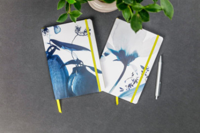 Clairefontaine Rhodia 115931C - A Blue Ink Floral Pattern Paperback Notebook - A5 14.8x21cm - 128 Lined Pages 90g White Paper - Elastic - Bookmark - Inkebana Collection