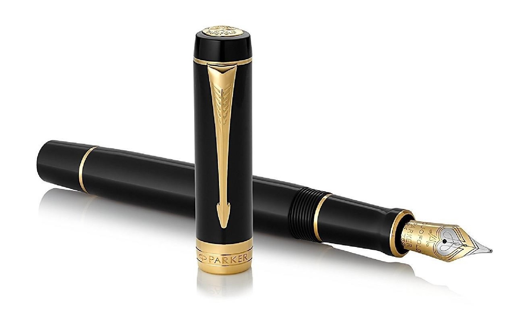 Parker Duofold Centennial Fountain Pen, Classic Black with Gold Trim, Solid Gold Nib, Black Ink and Converter (1931381)