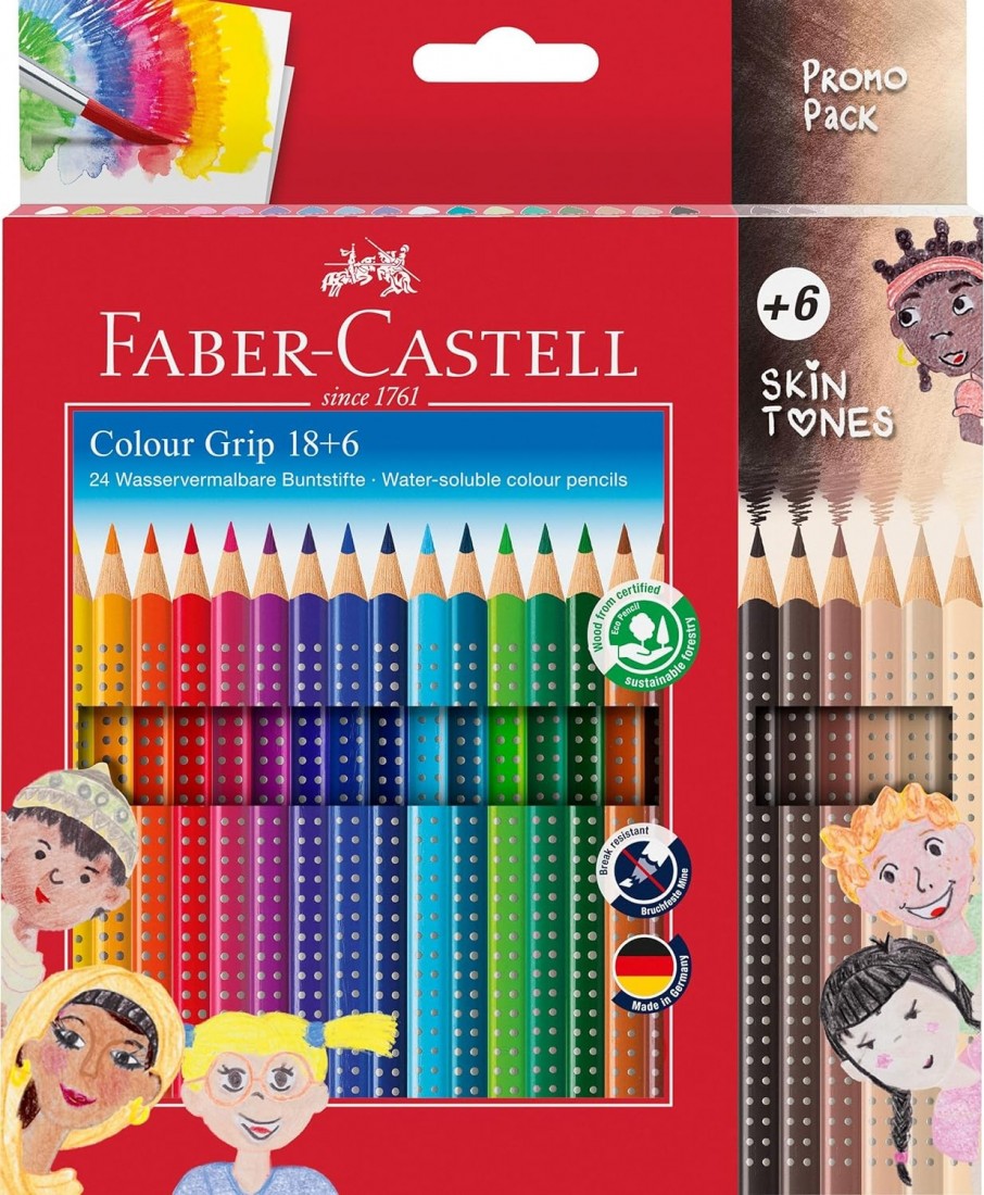 Faber Castell Colour Grip 112819 Colouring Pencils Set of 24 Including 6 Skin-Coloured Pencils