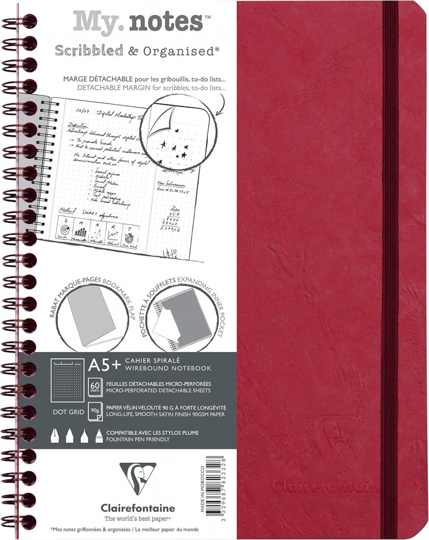 Clairefontaine Age Bag My.Notes 782332C Spiral Notebook with Removable Edges 16 x 21 cm 60 Sheets 90 g, Dotted Red