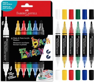 Faber Castell 285507 Acrylic Marker Shake & Paint Black Edition, 6 Acrylic Pens, Marker with 2 Round Tips (3 mm and 1 mm)