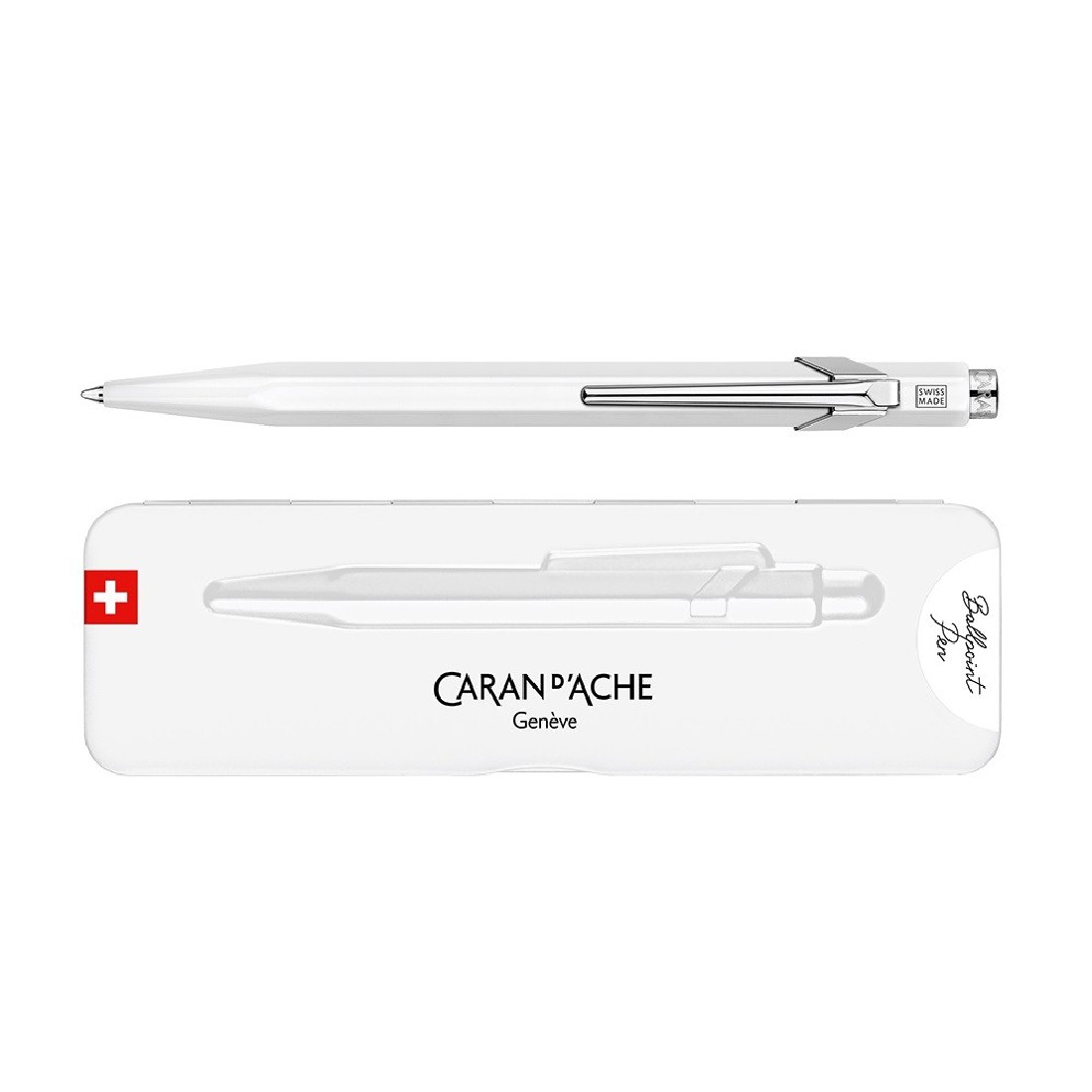Caran Dache 849 Popline White ballpoint pen, with slim metal box 0849.502