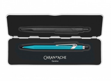 Caran Dache 849 metallic turquoise ballpoint pen, with slim metal box C