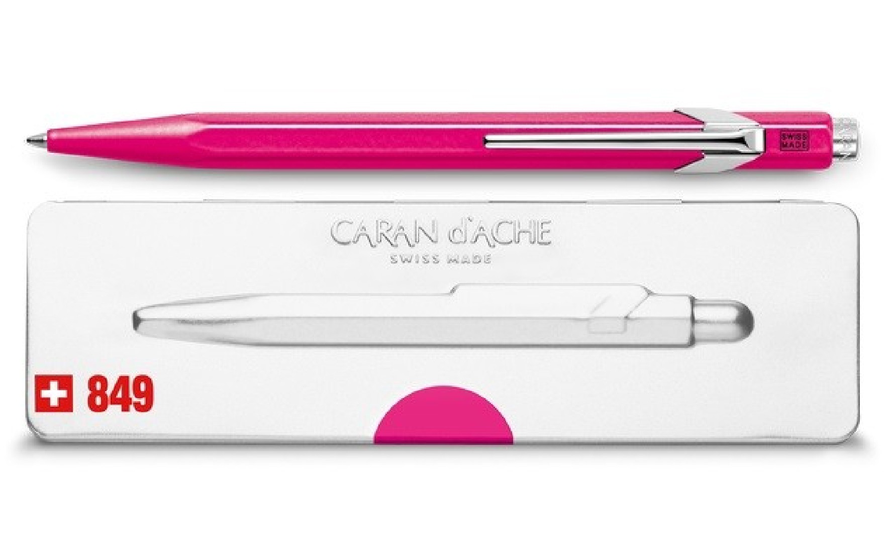 Caran Dache 849 Popline  fluo pink ballpoint pen, with slim metal box 0849.590 C