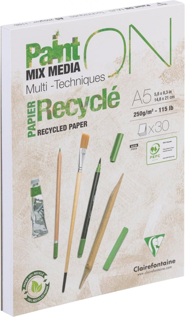 Clairefontaine A5 recycled paper 250gr 30 sheets mix media paint 975740C