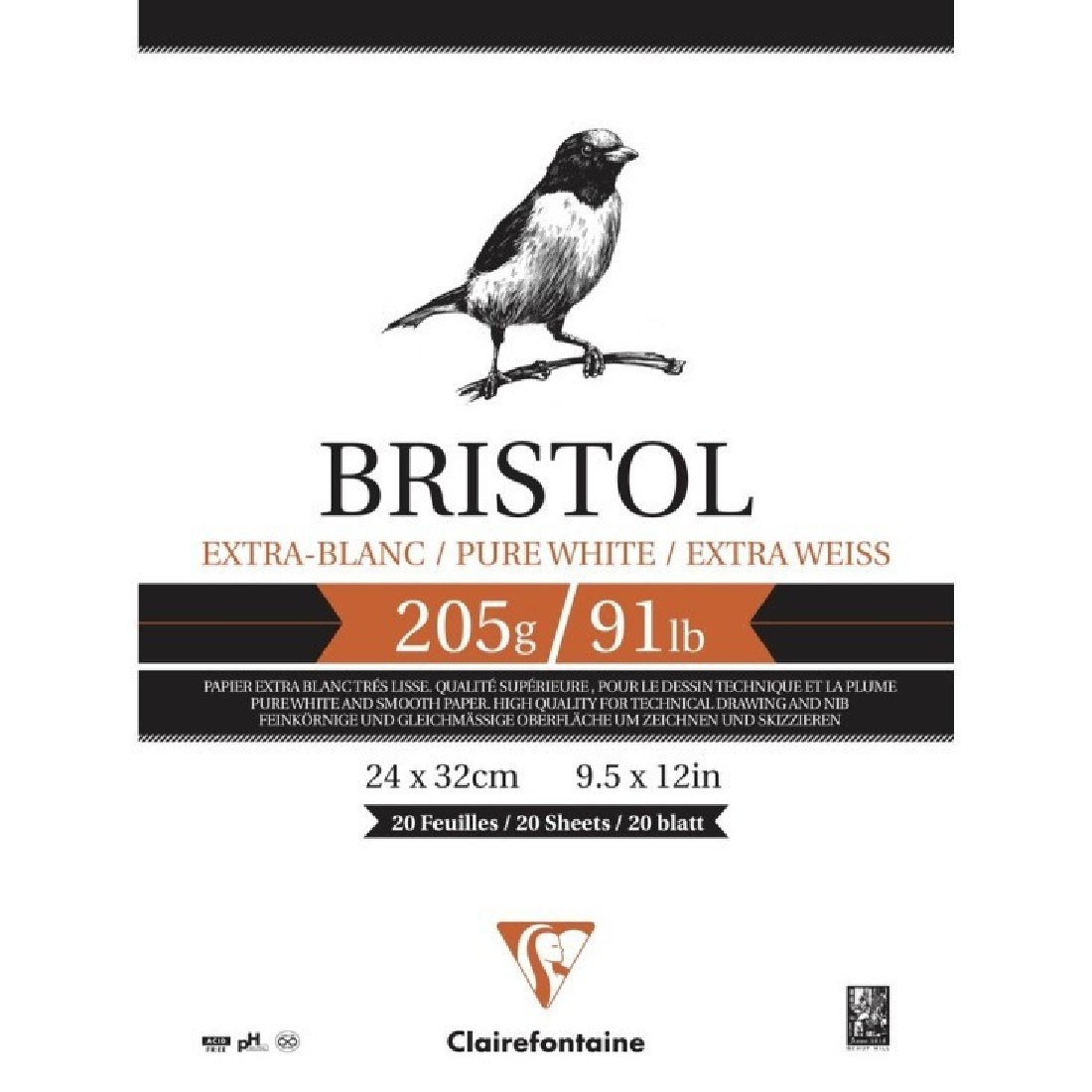 Clairefontaine A3 pure white Bristol 205gr 20sheets 96172C