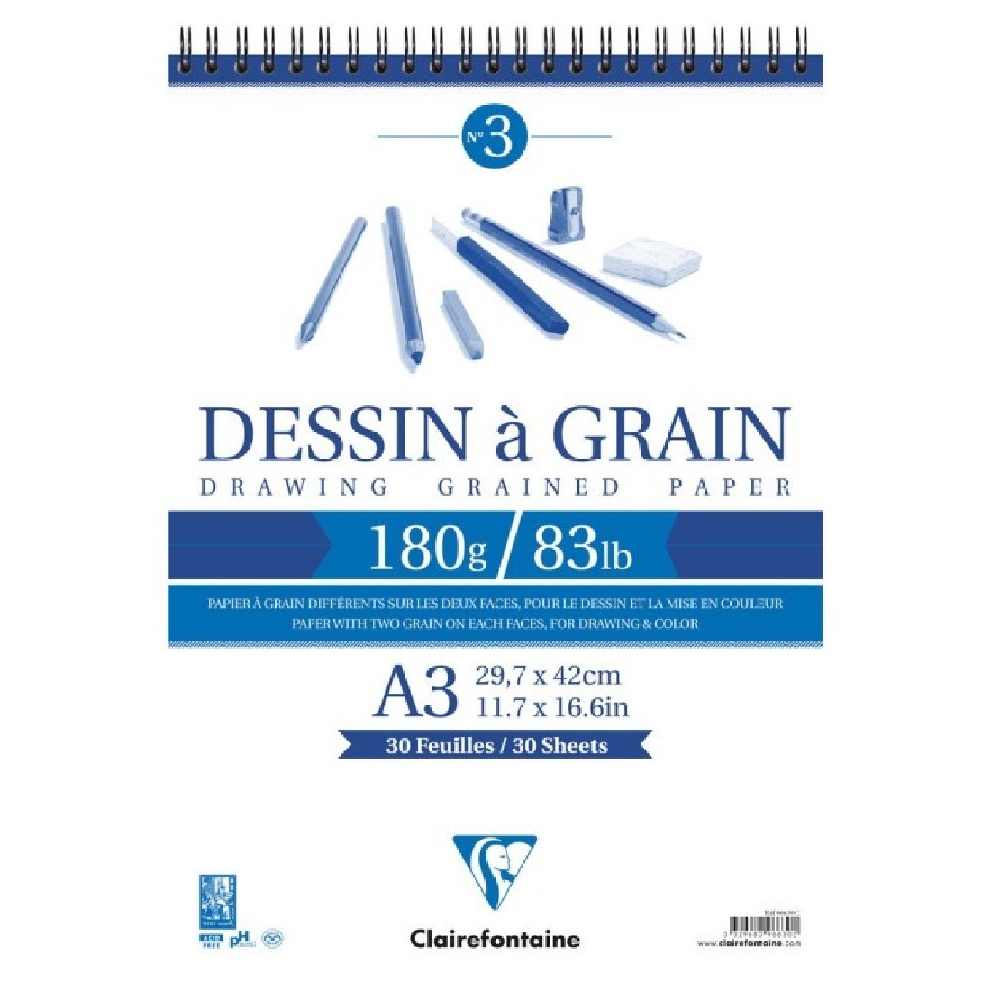 Clairefontaine A3 spiral Dessin a Grain 180gr 30sheets 96630