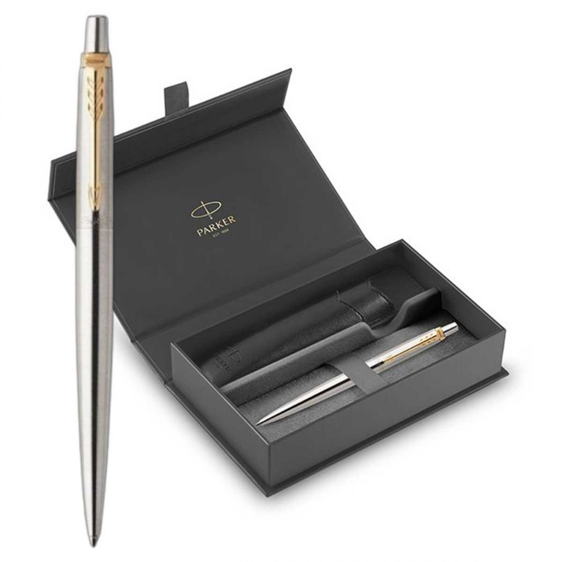 Parker Jotter Core Stainless Steel GT  ballpen and Black Pouch.