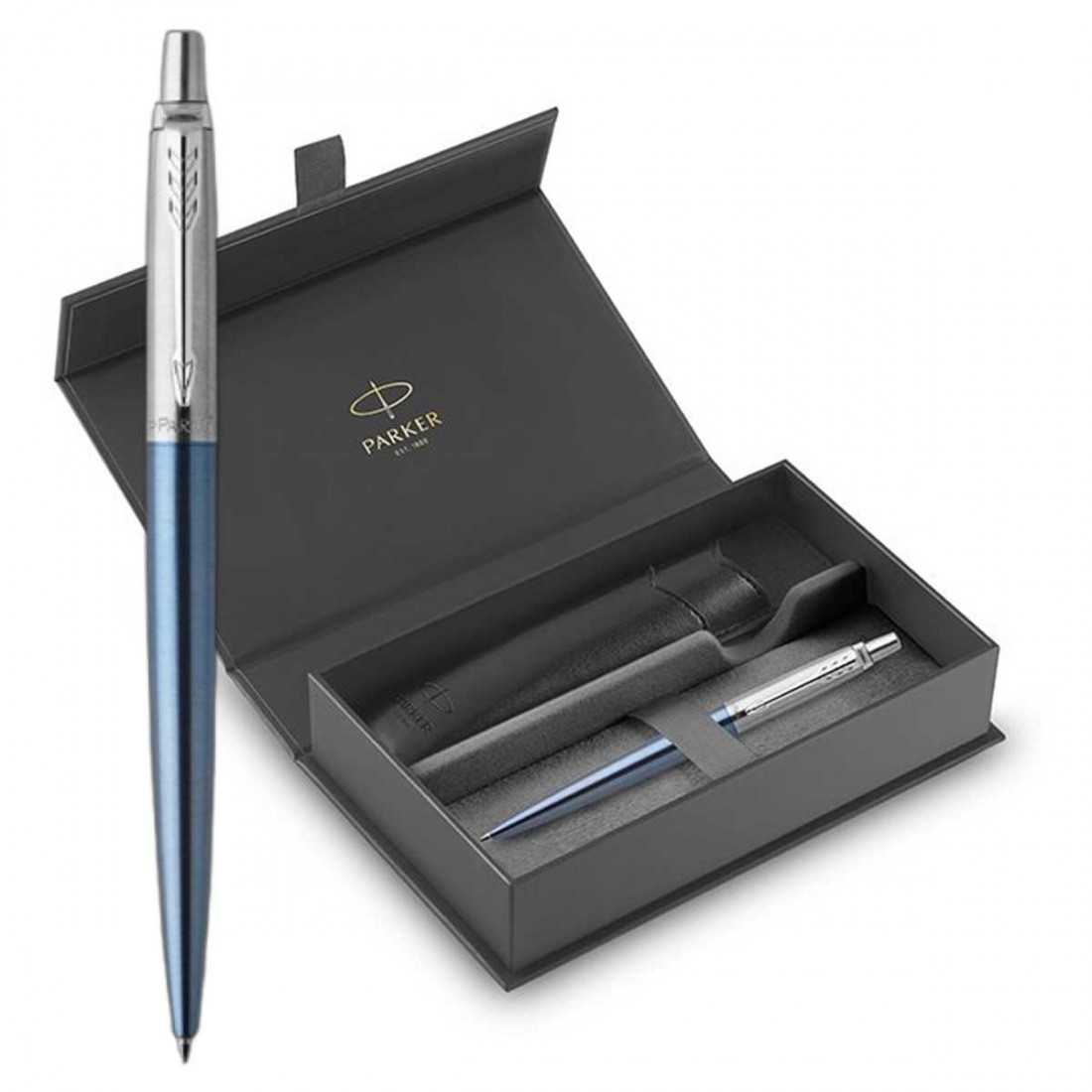 Parker Jotter Core Waterloo Blue CT ballpen and Black Pouch.