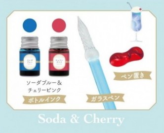 Glass Pen Afternoon Tea, Soda and Cherry, with Pen Tray and 2 bottled inks