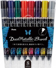 Pentel Dual Metallic Brush Pen, Filled With Iridescent Glitter Ink, Nylon Fibres, Set of 8 Assorted GFH-D8ST