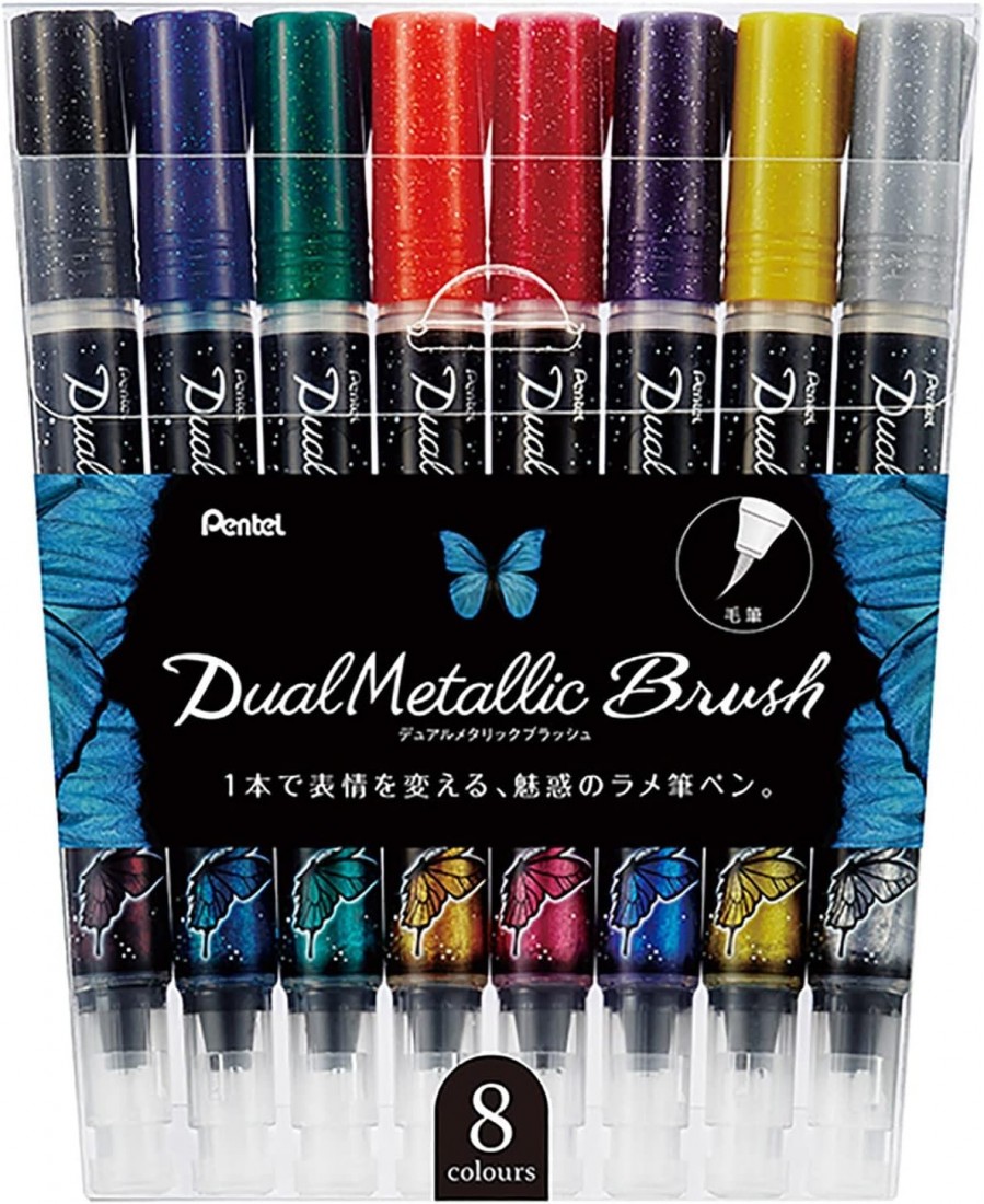 Pentel Dual Metallic Brush Pen, Filled With Iridescent Glitter Ink, Nylon Fibres, Set of 8 Assorted GFH-D8ST