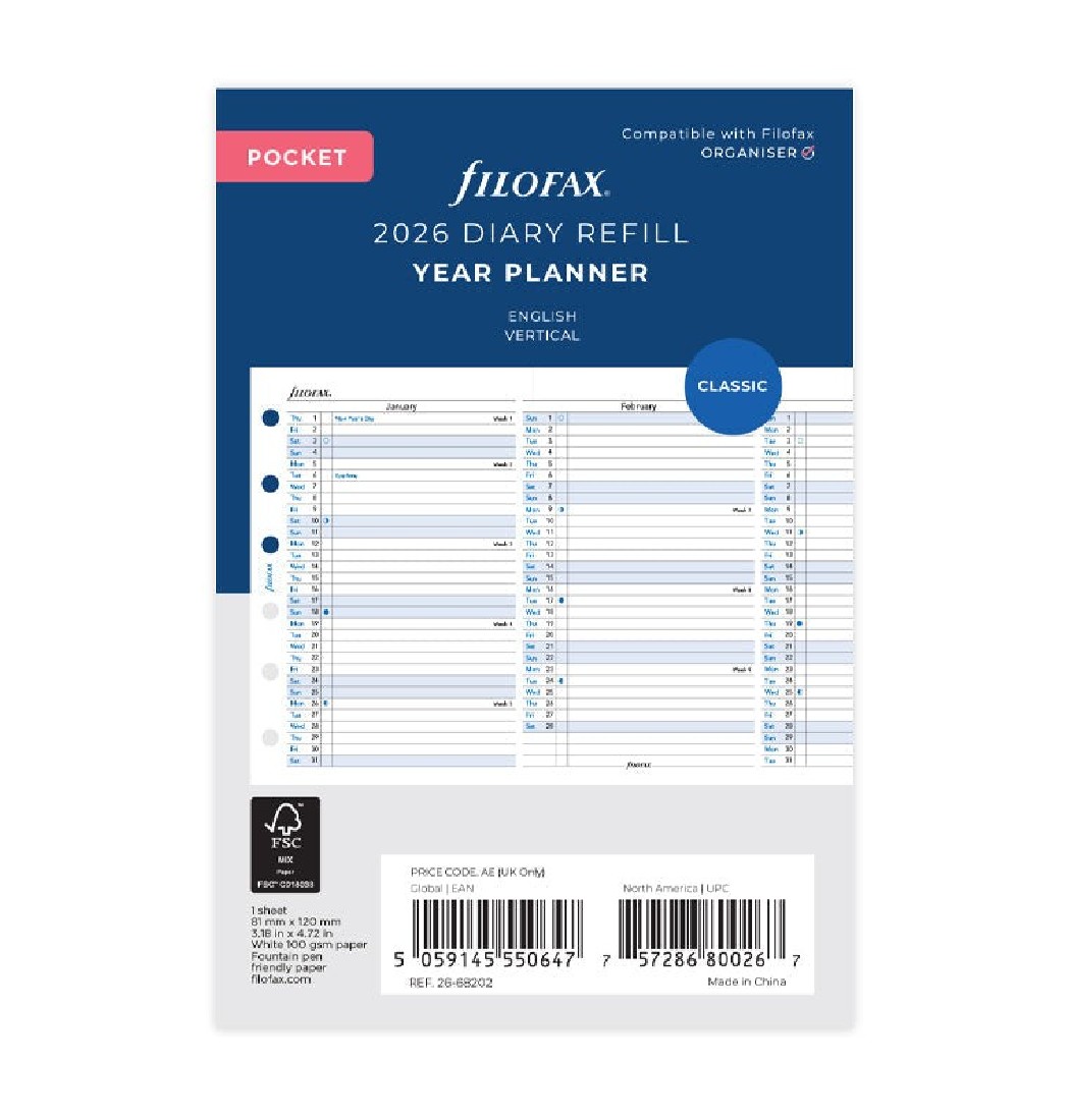 Refill Pocket 2026 Year Planner Vertical 26-68202 Filofax