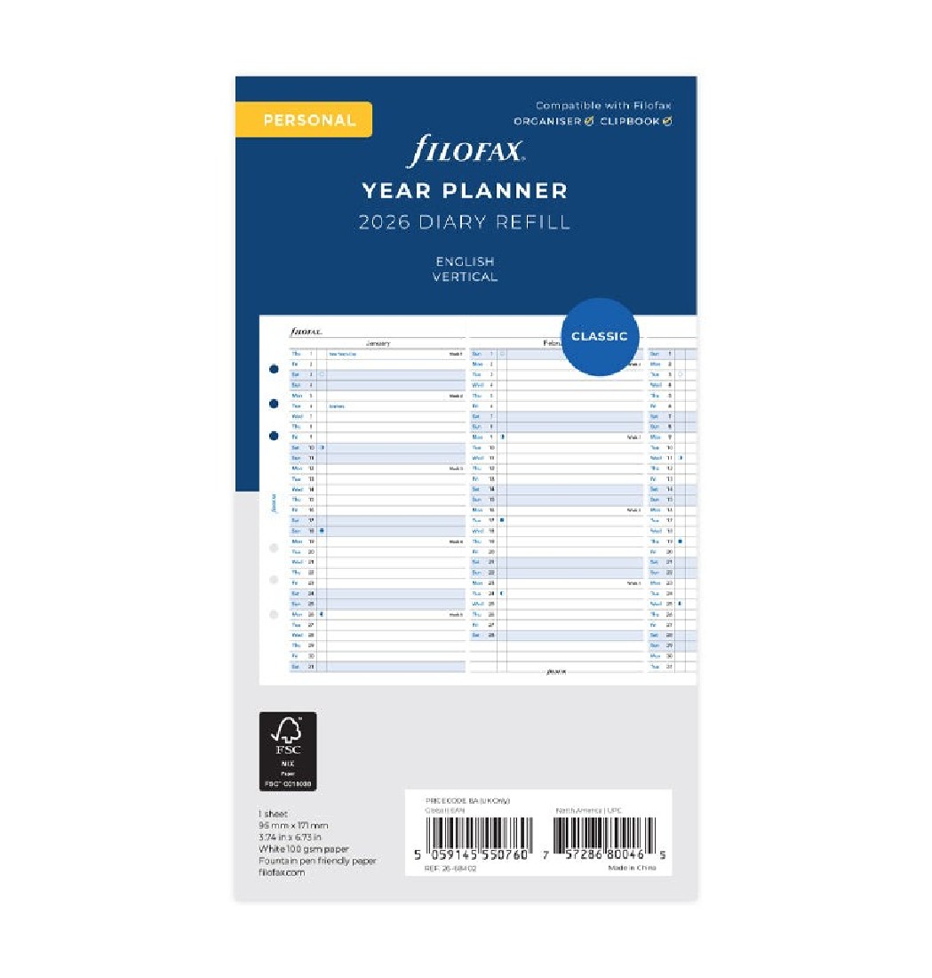 Refill Personal 2026 Year Planner Vertical 26-68402 Filofaχ