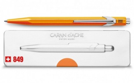 Caran Dache 849 Popline  fluo orange ballpoint pen, with slim metal box 849.530