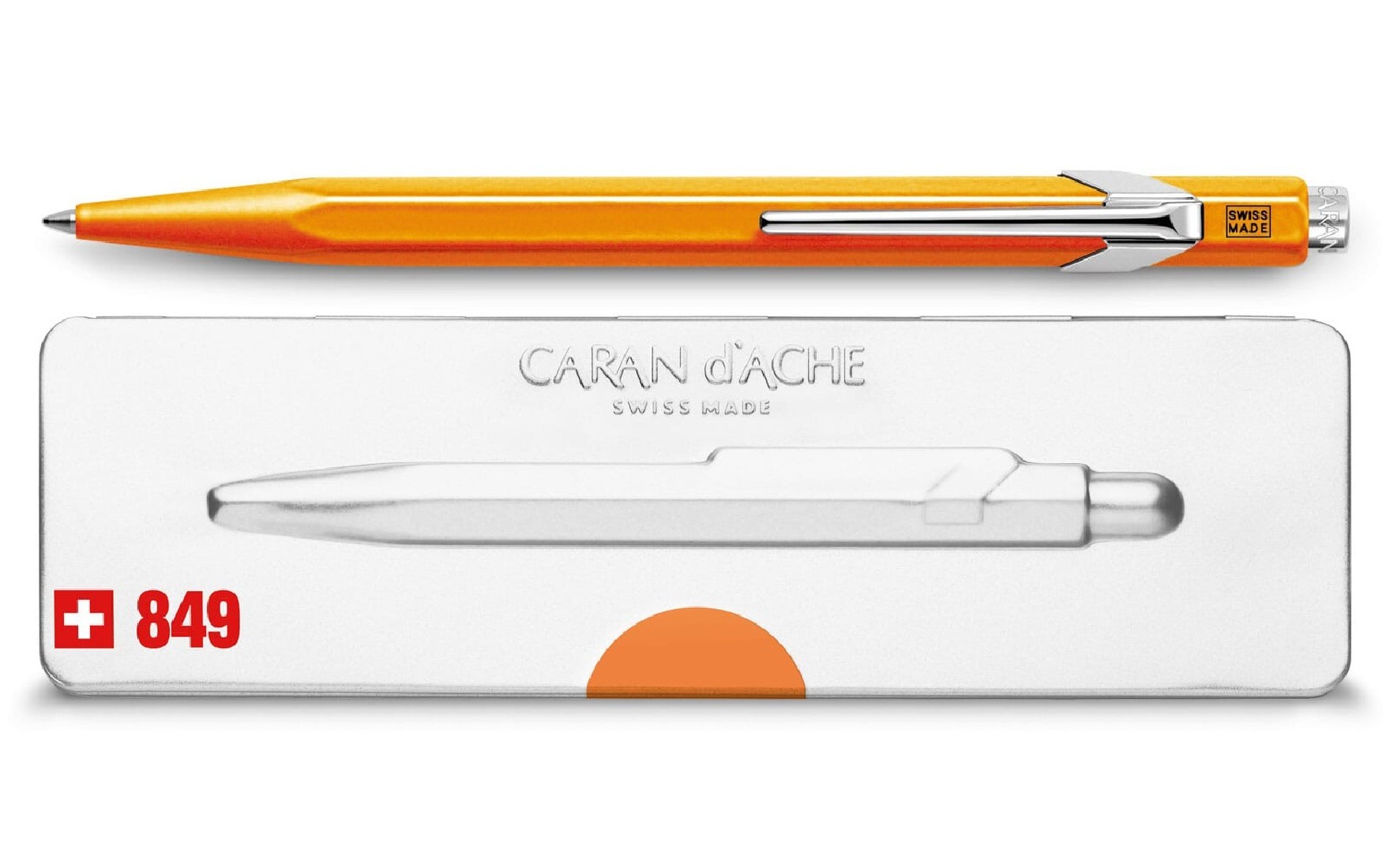 Caran Dache 849 Popline  fluo orange ballpoint pen, with slim metal box 849.530