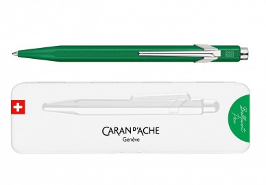 Caran Dache 849 metallic green ballpoint pen, with slim metal box