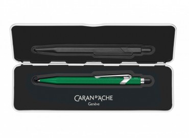 Caran Dache 849 metallic green ballpoint pen, with slim metal box