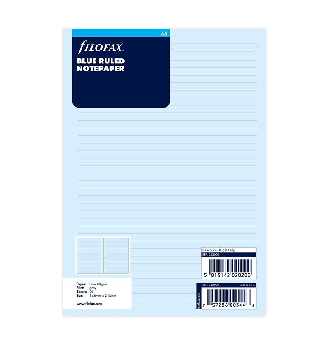 Filofax Refill A5 Organiser Blue Ruled Paper 343001