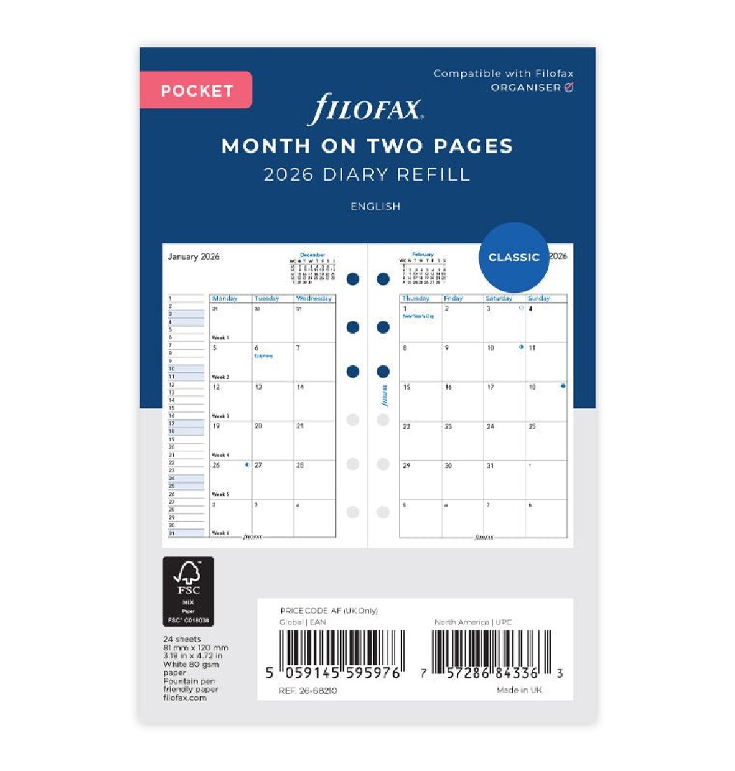 Refill Pocket 2026 Month On Two Pages 26-68210 Filofax