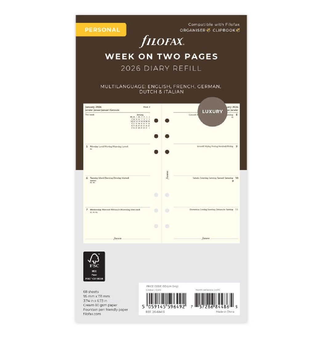 Refill 2026 Personal Week On Two Pages Multilanguage Cotton Cream 26-68413 Filofax