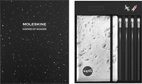 Moleskine NASA-inspired Limited Edition Drawing Gift Box, Hard cover, large, ruled notebook, four Blackwing pencils, and two pins