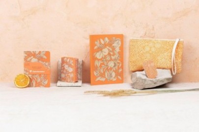 Clairefontaine Rhodia, A paperback notebook with orange blossoms and olive trees,  A5 14.8 x 21 cm, 160 pages lined white paper 90 g,  flexible brochure, canvas back  116344C