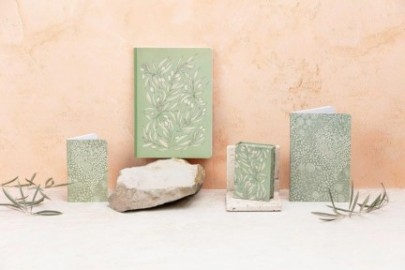 Clairefontaine Rhodia, A paperback notebook with orange blossoms and olive trees,  A5 14.8 x 21 cm, 160 pages lined white paper 90 g,  flexible brochure, canvas back  116344C