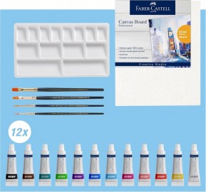 Faber Castell Acrylic Paint Set 18 Pieces with 12 Acrylic Paints, Canvas 20 x 25 cm, Mixing Palette and 4 Brushes 379280