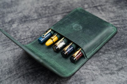 Galen Leather Flap Pen Case for Five Pens - Crazy Horse Forest Green