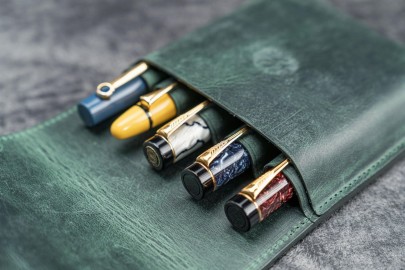 Galen Leather Flap Pen Case for Five Pens - Crazy Horse Forest Green